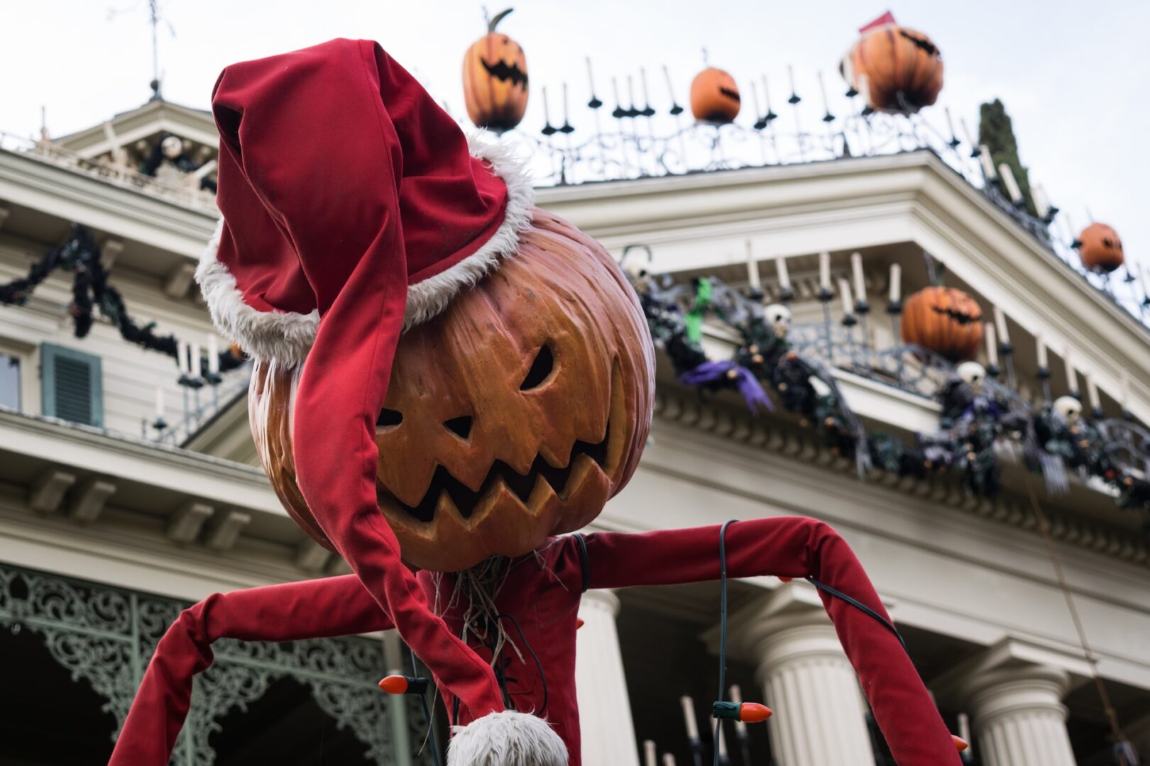 Pumpkin head creature in a santa costume